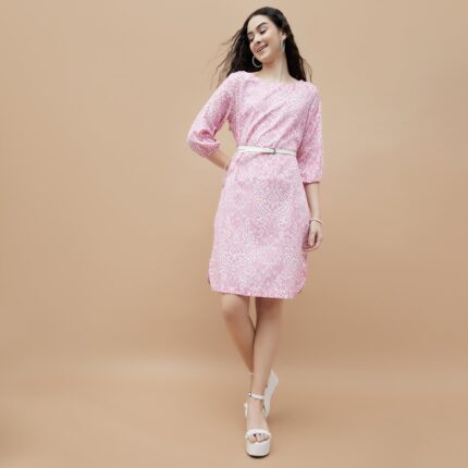 COLOUR ME Printed Belted A-Line Dress