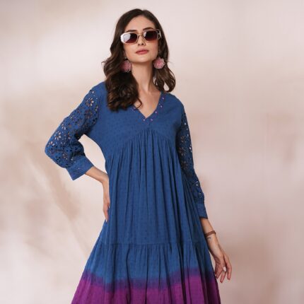 FASHOR Schiffli Sleeve Tiered Dress