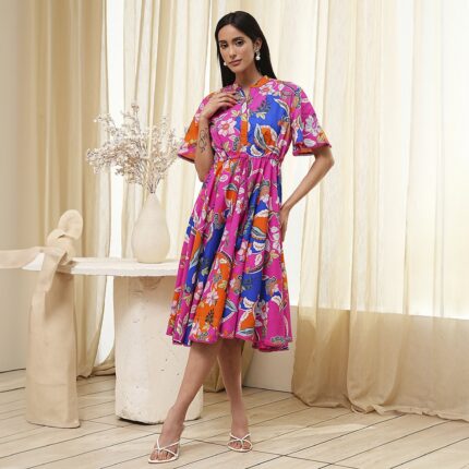 BIBA Floral Print Gathered A-line Dress