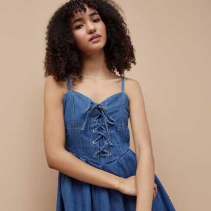 GINGER Solid Fit & Flare Denim Dress