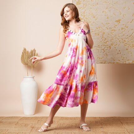 FASHOR Tie & Dye Midi Dress with Pompom